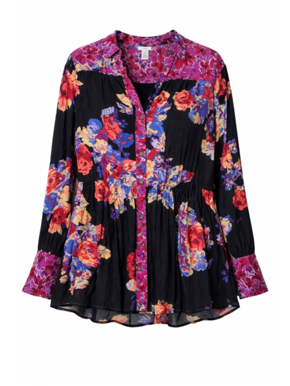 Free People Floral Boho Button Front Blouse Peplum Top Black Pink Size S